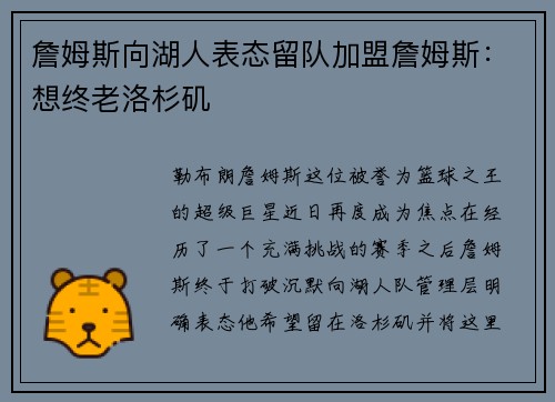 詹姆斯向湖人表态留队加盟詹姆斯：想终老洛杉矶